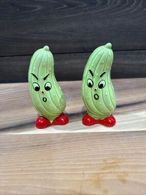 Anthropomorphic Green Angry Pickle Salt & Pepper Shakers with Red Bases. 1950s